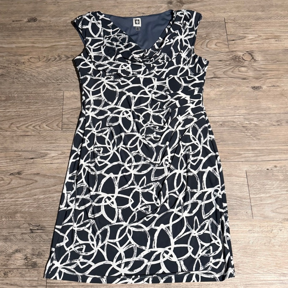 Anne Klein Navy Blue White Abstract Print Cowl Neck Sheath Dress Womens 14